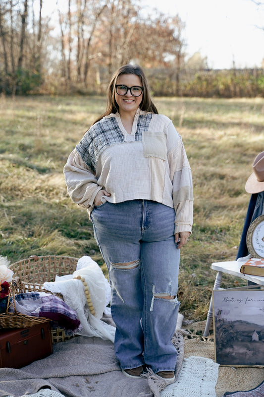 POL Toasted Almond Patchwork Top